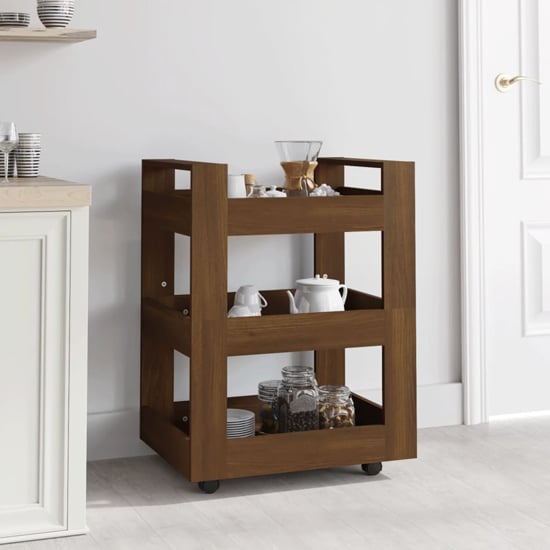 Product photograph of Belicia Wooden Kitchen Trolley With 3 Shelves In Brown Oak from Furniture in Fashion