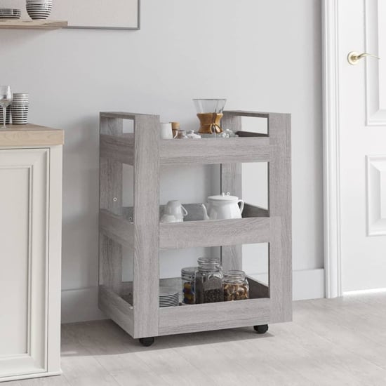 Belicia Wooden Kitchen Trolley With 3 Shelves In Grey Sonoma Oak
