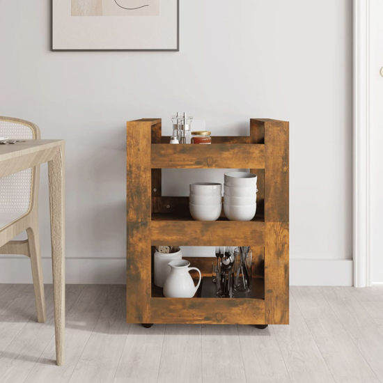 Belicia Wooden Kitchen Trolley With 3 Shelves In Smoked Oak