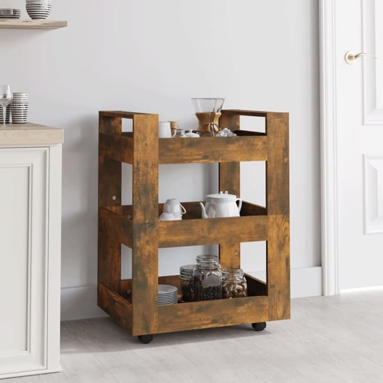 Belicia Wooden Kitchen Trolley With 3 Shelves In Smoked Oak