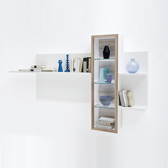 Photo of Belina wall display unit in white oak and high gloss with led