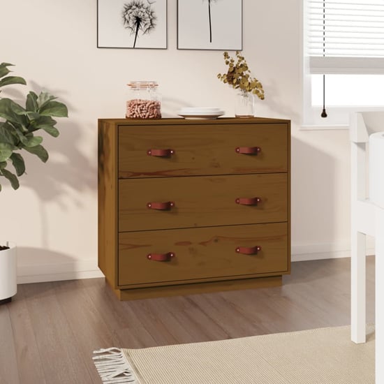 Photo of Belint solid pine wood chest of 3 drawers in honey brown