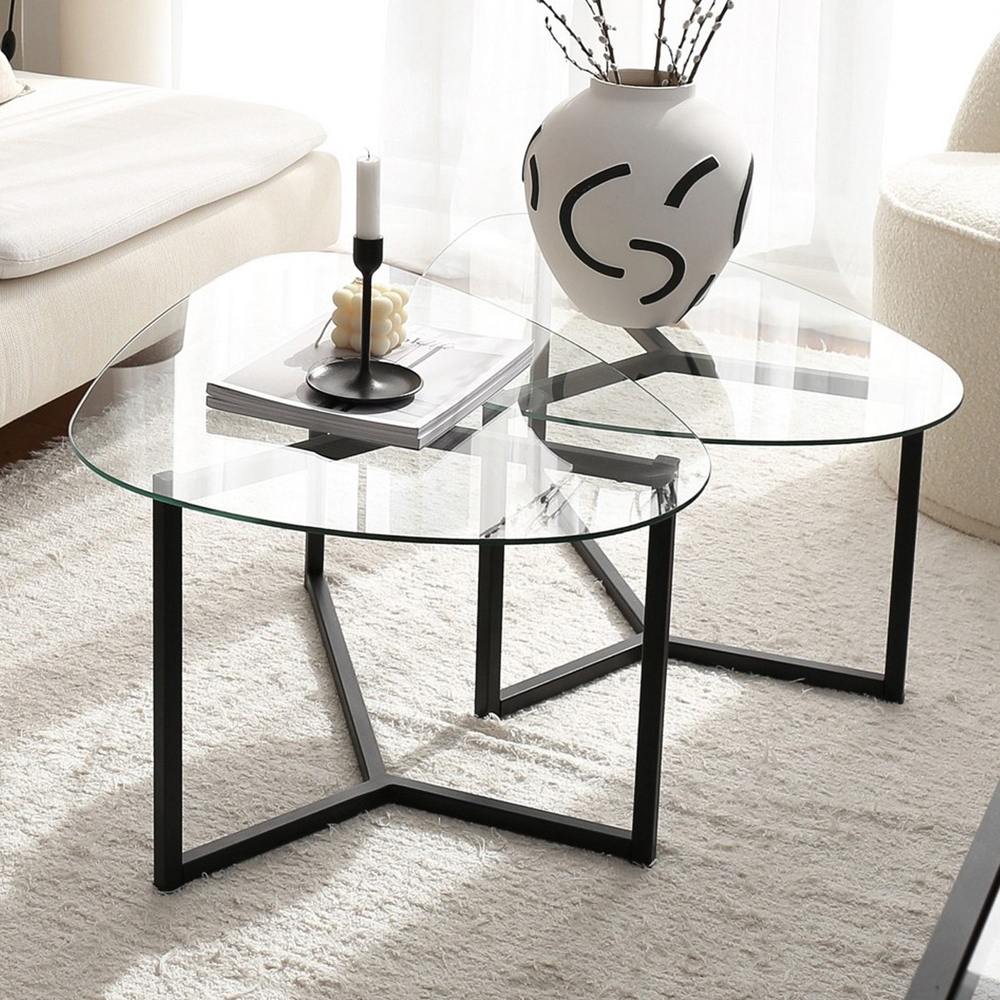 Belira Tempered Glass Nesting Coffee Table With Matte Black Metal Frame