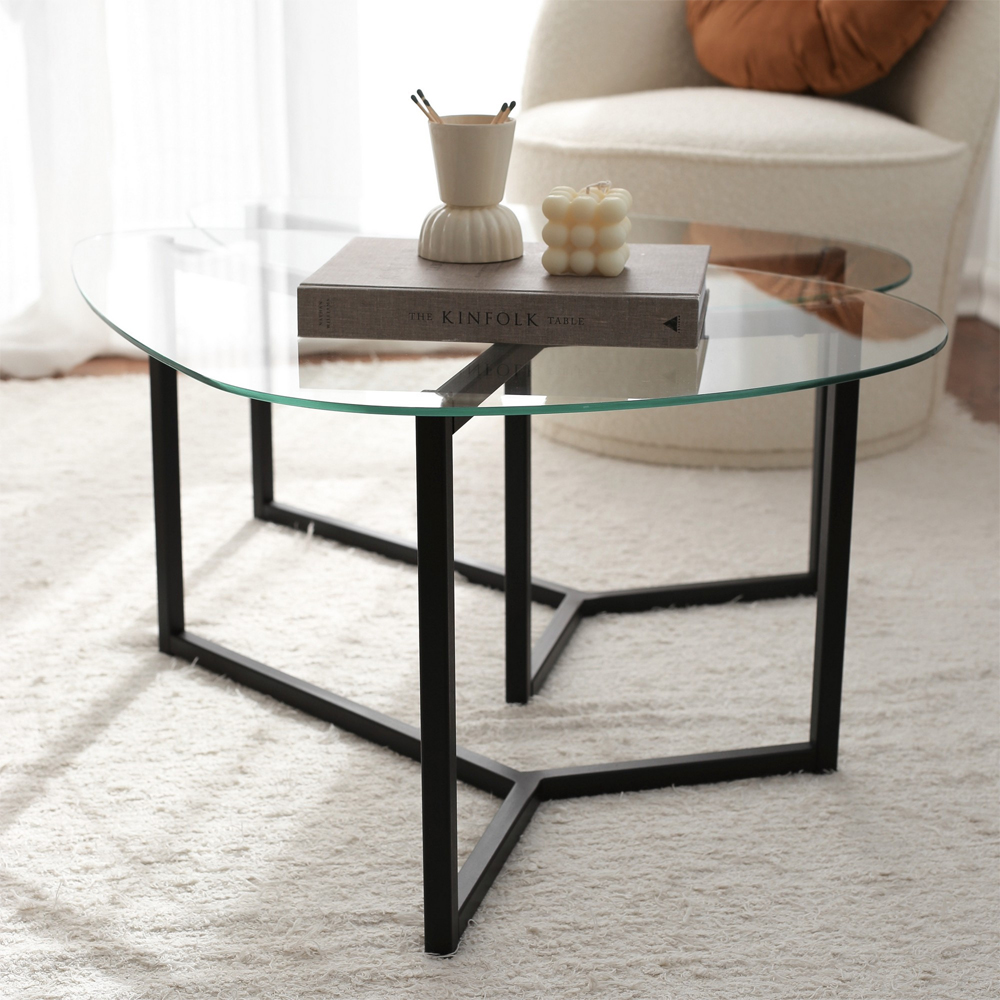 Belira Tempered Glass Nesting Coffee Table With Matte Black Metal Frame