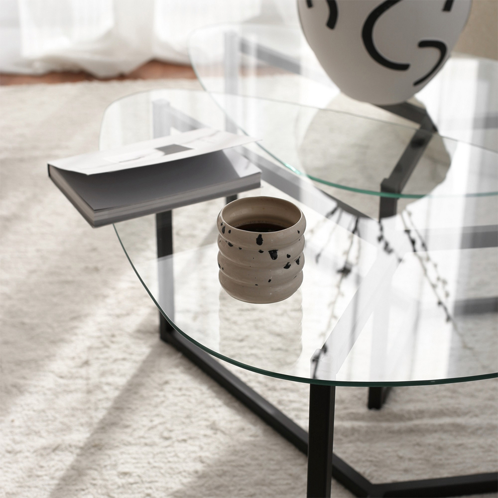 Belira Tempered Glass Nesting Coffee Table With Matte Black Metal Frame