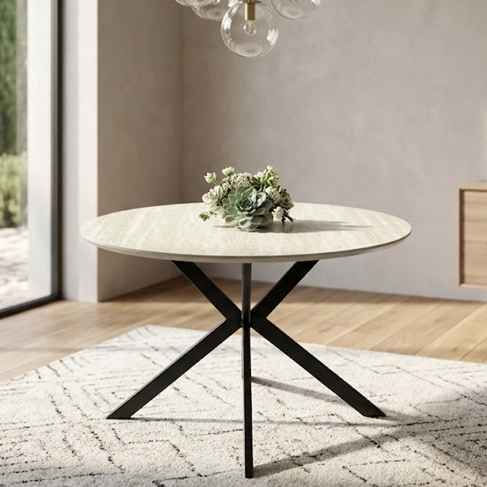 Belize Round Wooden Dining Table in Travertine Marble Effect