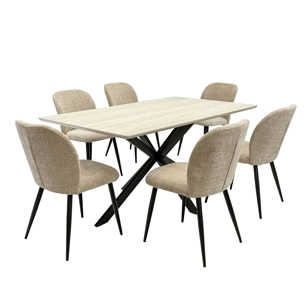 Belize Travertine Marble Effect Large Wooden Dining Table with 6 Neutral Chairs