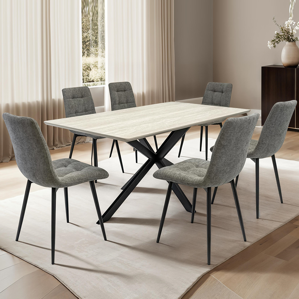 Belize Travertine Marble Effect Large Wooden Dining Table with 6 Neyo Grey Chairs