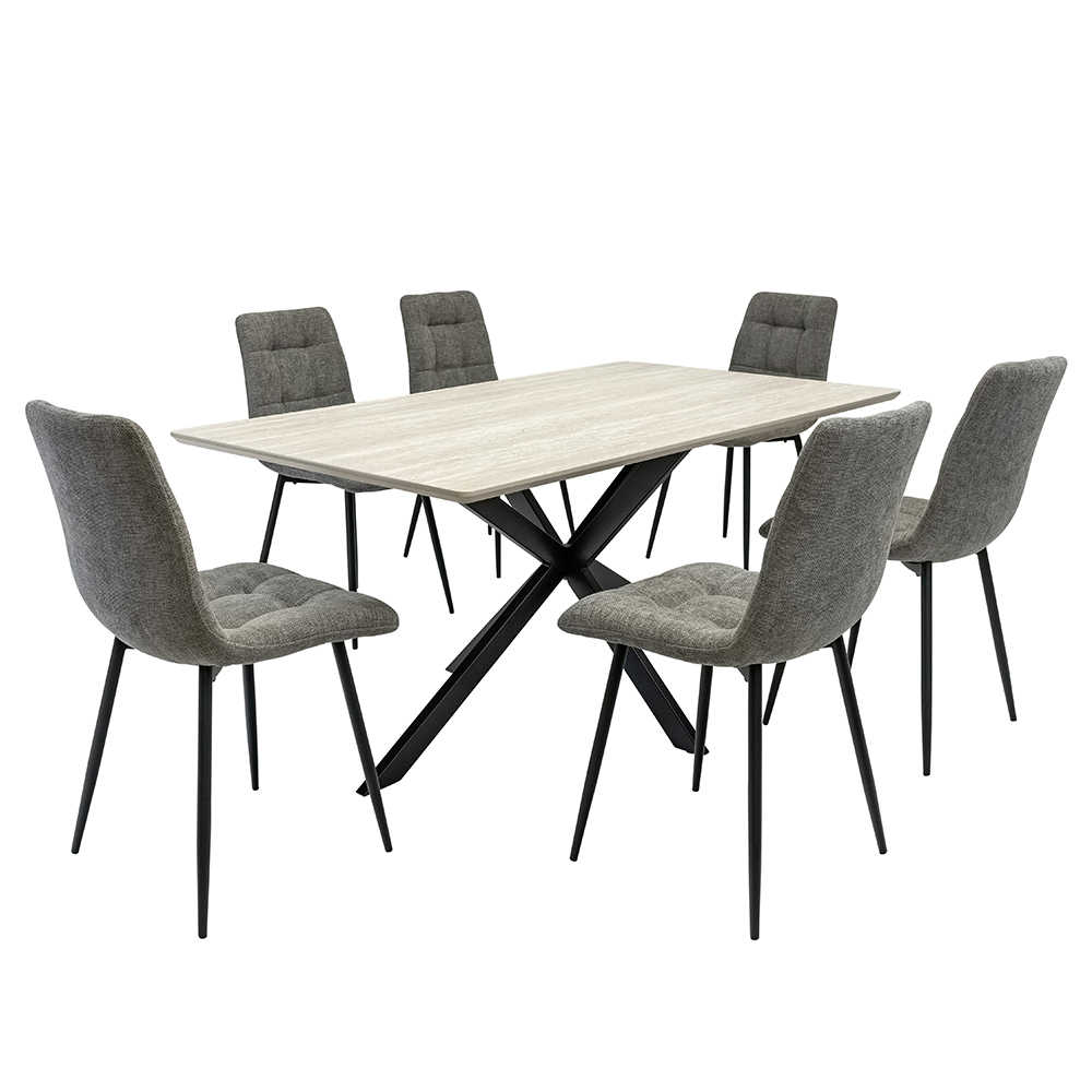 Belize Travertine Marble Effect Large Wooden Dining Table with 6 Neyo Grey Chairs