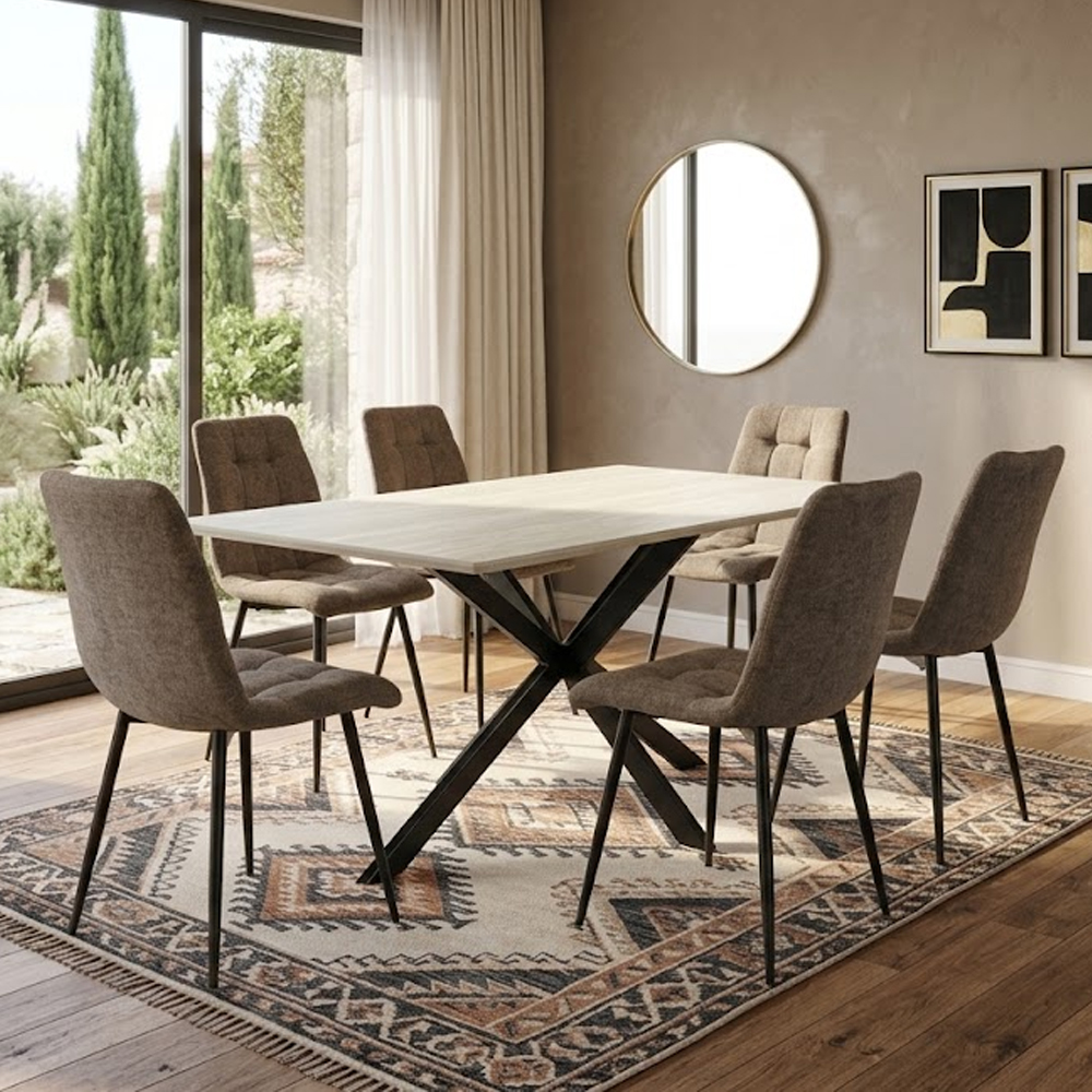 Belize Travertine Marble Effect Large Wooden Dining Table with 6 Neyo Mocha Chairs
