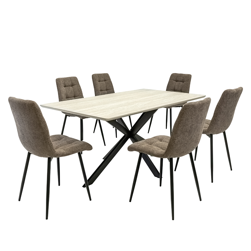 Belize Travertine Marble Effect Large Wooden Dining Table with 6 Neyo Mocha Chairs