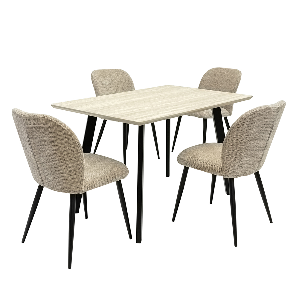 Belize Travertine Marble Effect Small Wooden Dining Table with 4 Neutral Chairs
