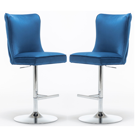 Belkon Blue Velvet Upholstered Gas-Lift Bar Chairs In Pair