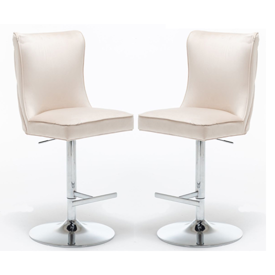 Belkon Cream Velvet Upholstered Gas-Lift Bar Chairs In Pair