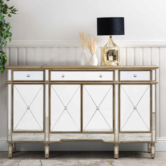 Photo of Belle mirrored sideboard with 4 doors 3 drawers in gold