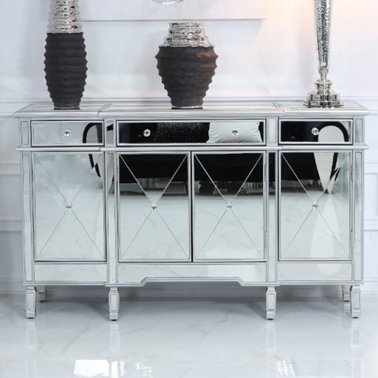 Product photograph of Belle Mirrored Sideboard With 4 Doors 3 Drawers In Silver from Furniture in Fashion