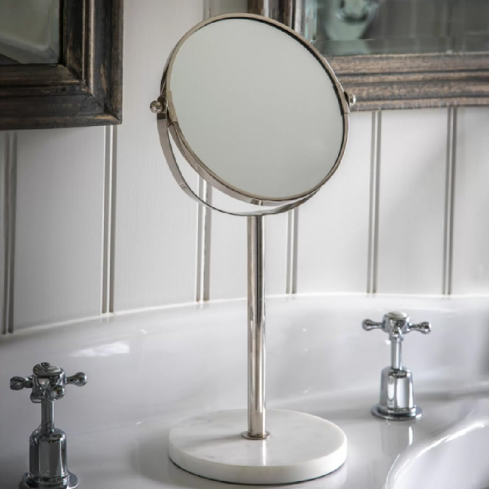 Belleville Vanity Mirror In Silver With White Marble Base