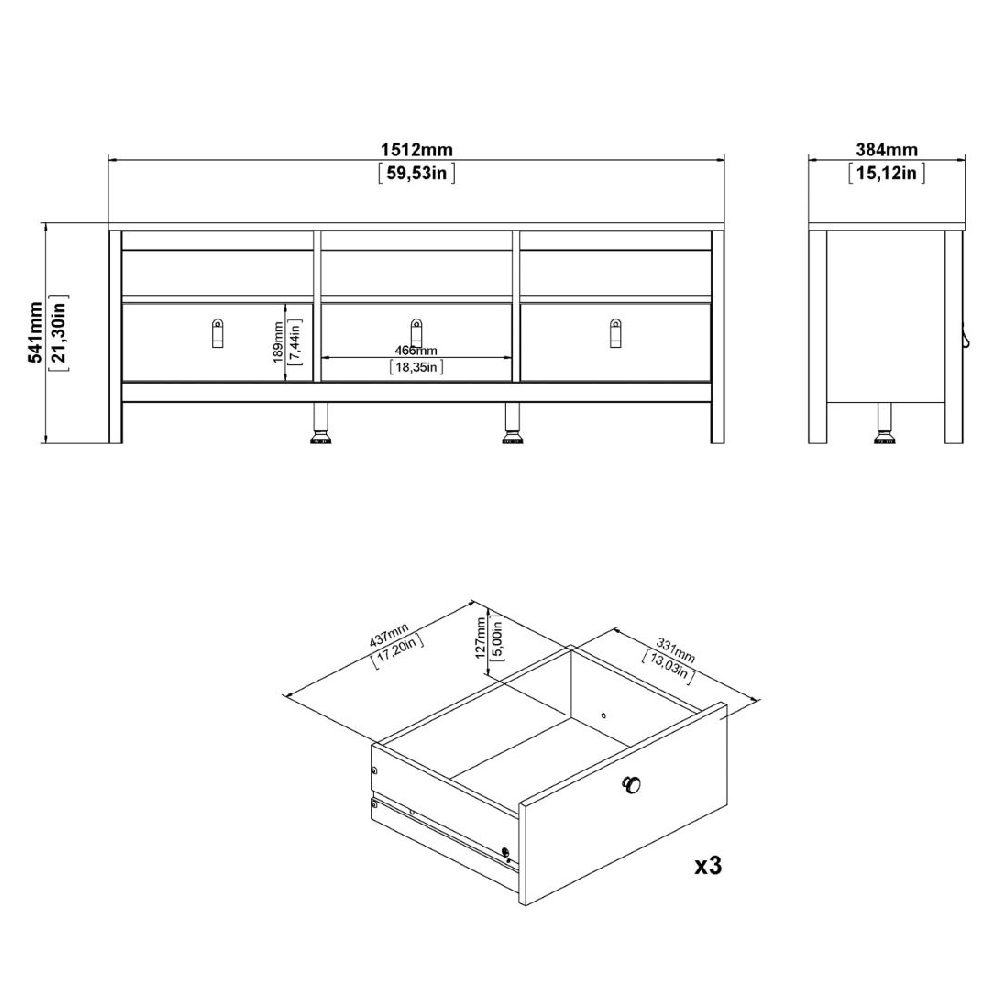 Bellevue Wooden TV Stand With 3 Drawers In Oak