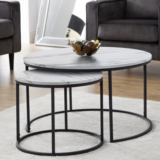 Photo of Barnett round wooden nesting coffee table in white marble effect