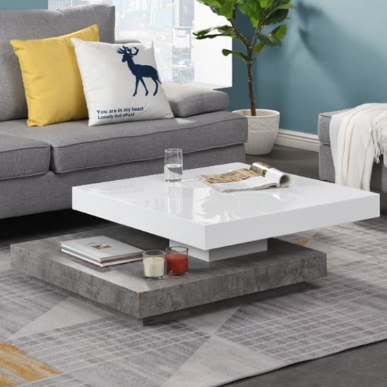 Photo of Hugo rotating gloss coffee table in white and concrete effect