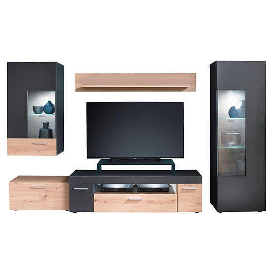 Belloz LED Living Room Furniture Set In Artisan Oak Matt Grey