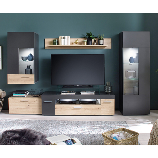 Belloz LED Living Room Furniture Set In Artisan Oak Matt Grey