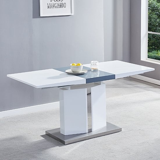 Read more about Belmonte small high gloss extending dining table in white grey