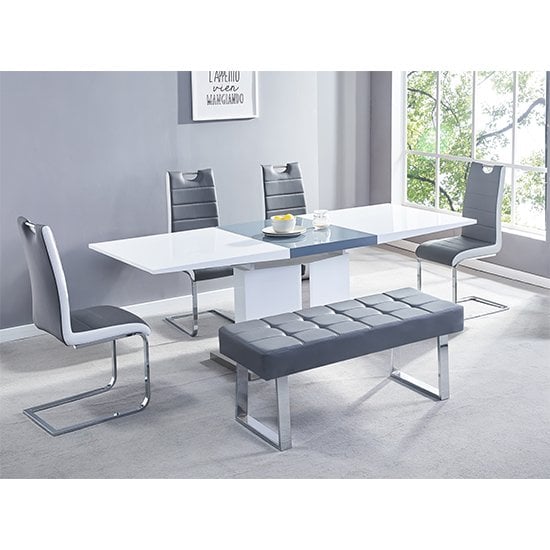 Read more about Belmonte large extending dining table 4 petra chairs and bench