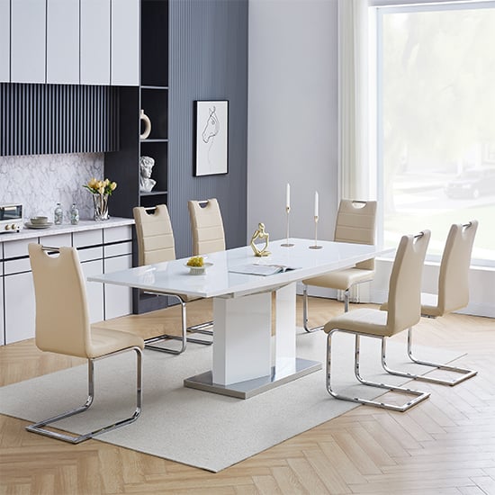 Product photograph of Belmonte White Dining Table Large 6 Petra Taupe Chairs from Furniture in Fashion