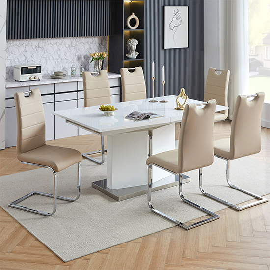 Belmonte White Dining Table Large 6 Petra Taupe Chairs
