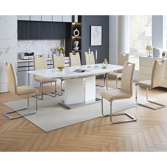 Product photograph of Belmonte White Dining Table Large 8 Petra Taupe Chairs from Furniture in Fashion