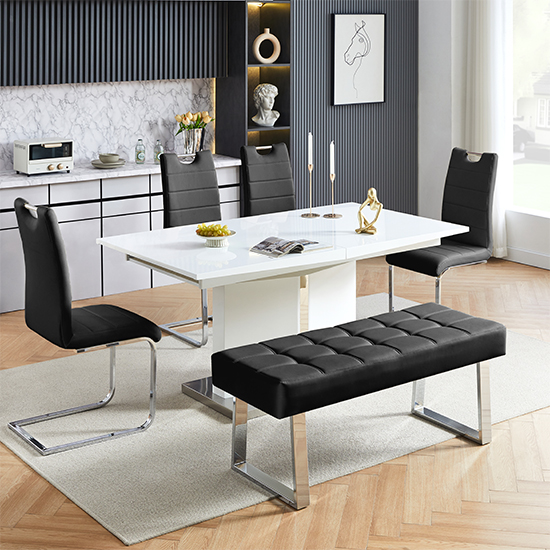 Belmonte White Dining Table Large 4 Petra Black Chairs Bench