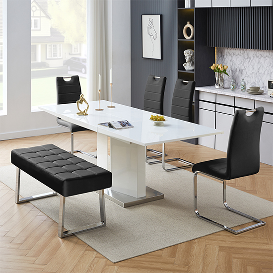 Belmonte White Dining Table Large 4 Petra Black Chairs Bench