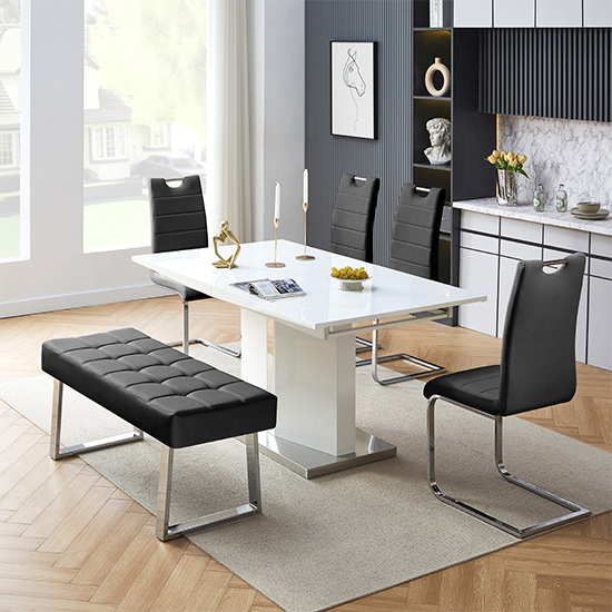 Belmonte White Dining Table Large 4 Petra Black Chairs Bench