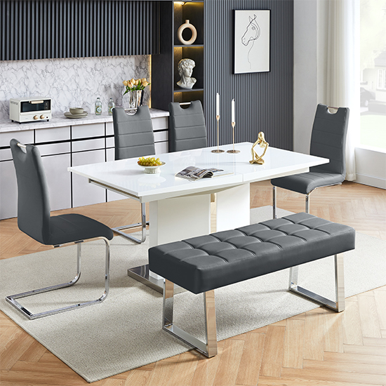Belmonte White Dining Table Large 4 Petra Grey Chairs Bench