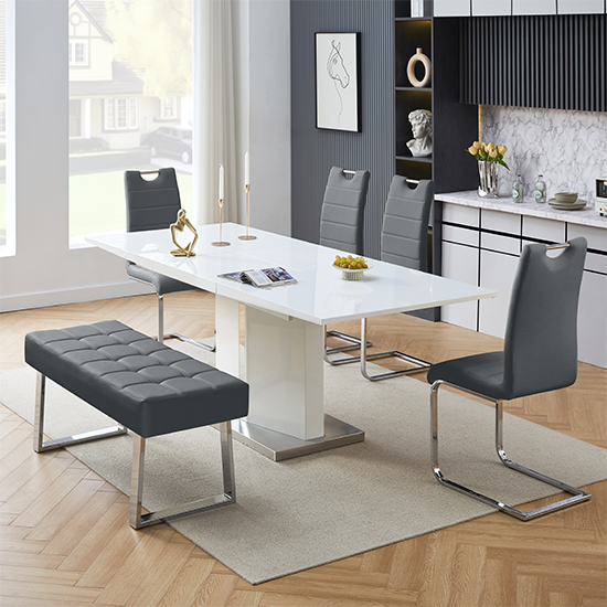 Belmonte White Dining Table Large 4 Petra Grey Chairs Bench