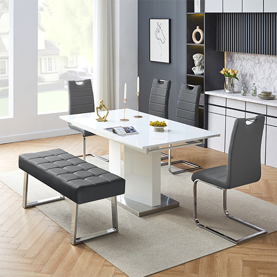Belmonte White Dining Table Large 4 Petra Grey Chairs Bench