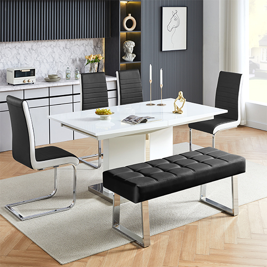 Belmonte White Dining Table Large 4 Symphony Black Chairs Bench