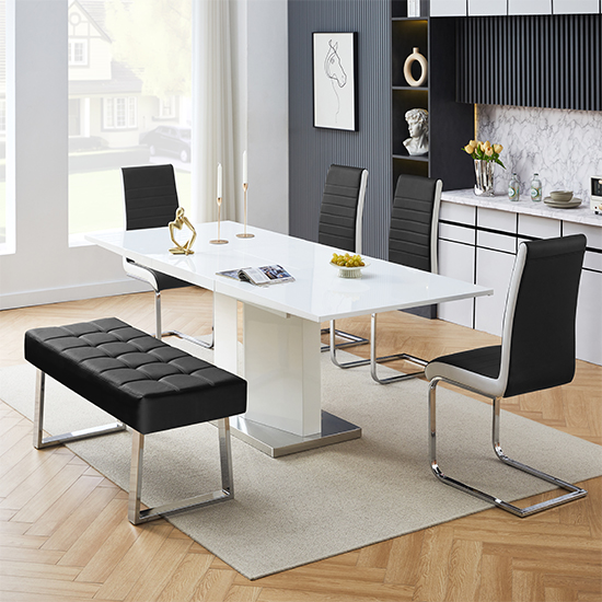 Belmonte White Dining Table Large 4 Symphony Black Chairs Bench