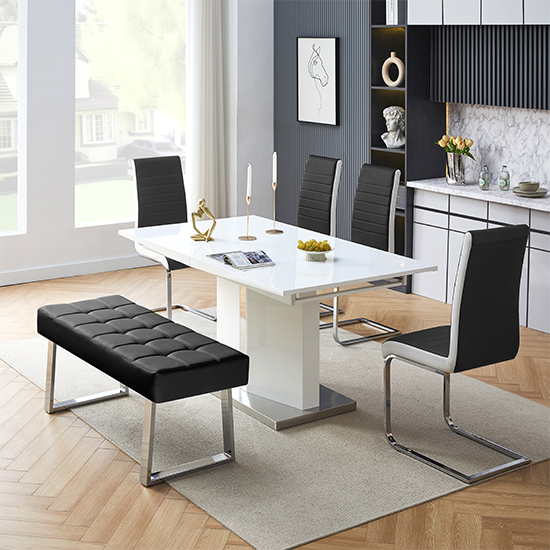 Belmonte White Dining Table Large 4 Symphony Black Chairs Bench