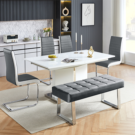 Belmonte White Dining Table Large 4 Symphony Grey Chairs Bench