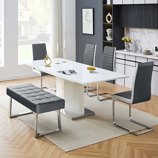 Belmonte White Dining Table Large 4 Symphony Grey Chairs Bench