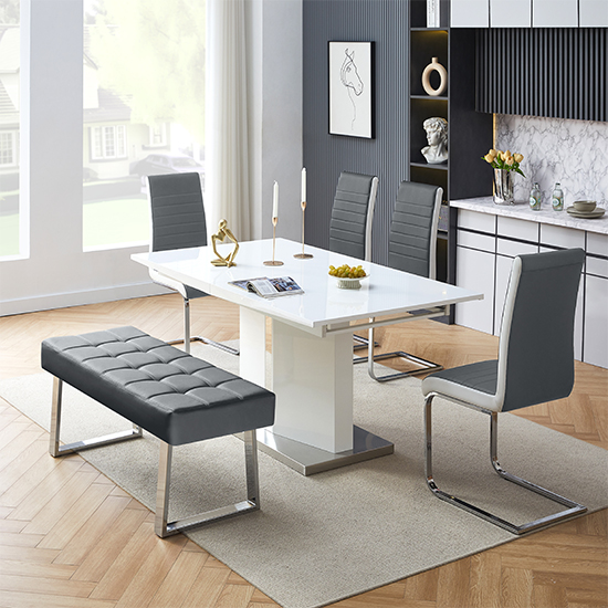 Belmonte White Dining Table Large 4 Symphony Grey Chairs Bench