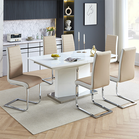 Belmonte White Dining Table Large 6 Symphony Taupe White Chairs