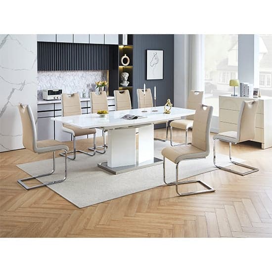 Product photograph of Belmonte White Dining Table Large 8 Petra Taupe White Chairs from Furniture in Fashion