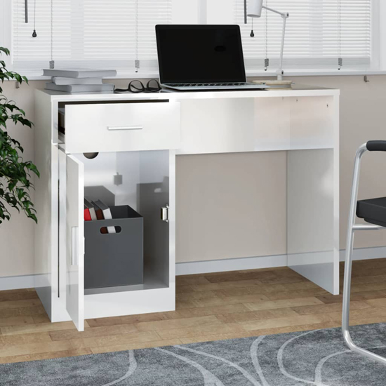 Beloit High Gloss Laptop Desk With 1 Door 1 Drawer In White