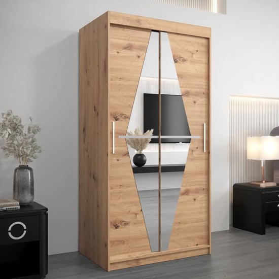 Product photograph of Beloit Mirrored Wardrobe 2 Sliding Doors 100cm In Artisan Oak from Furniture in Fashion