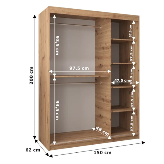 Beloit Mirrored Wardrobe 2 Sliding Doors 150cm In Artisan Oak