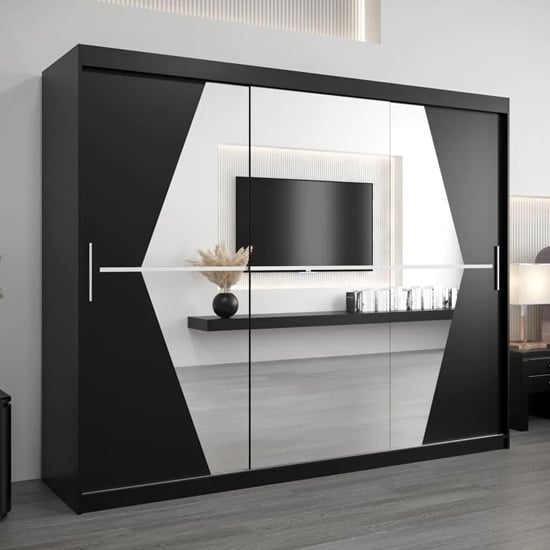 Product photograph of Beloit Mirrored Wardrobe 3 Sliding Doors 250cm In Black from Furniture in Fashion