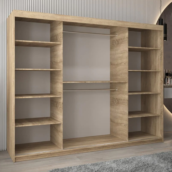 Beloit Mirrored Wardrobe 3 Sliding Doors 250cm In Sonoma Oak